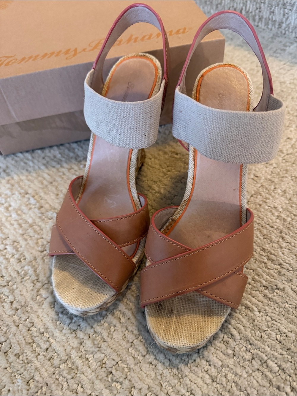 Tommy Bahama Brown Leather and Cream Fabric Wedge Sandals